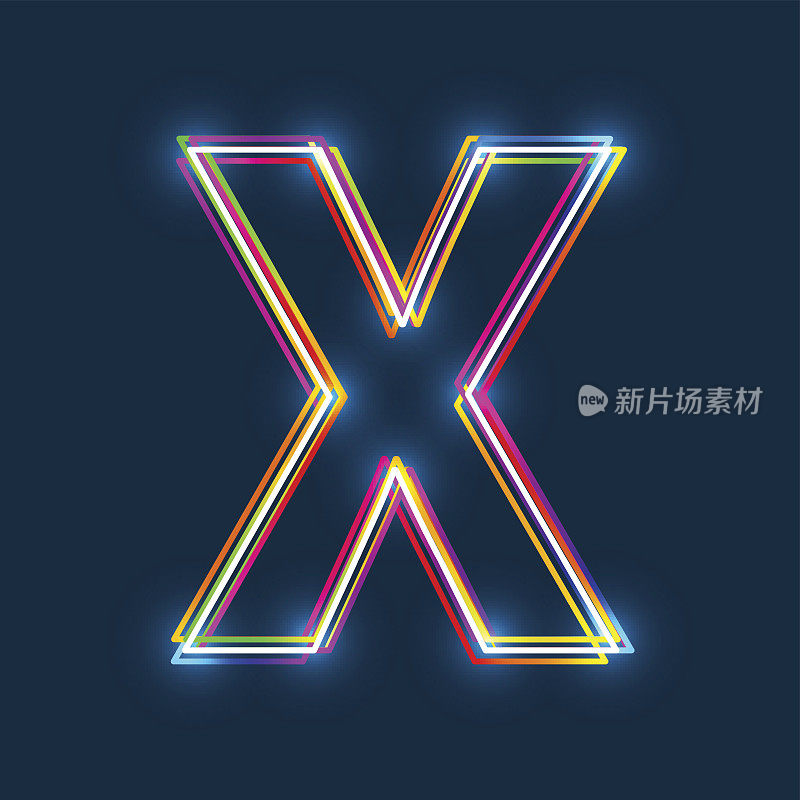 字母X -矢量多色轮廓字体发光效果孤立在蓝色背景。